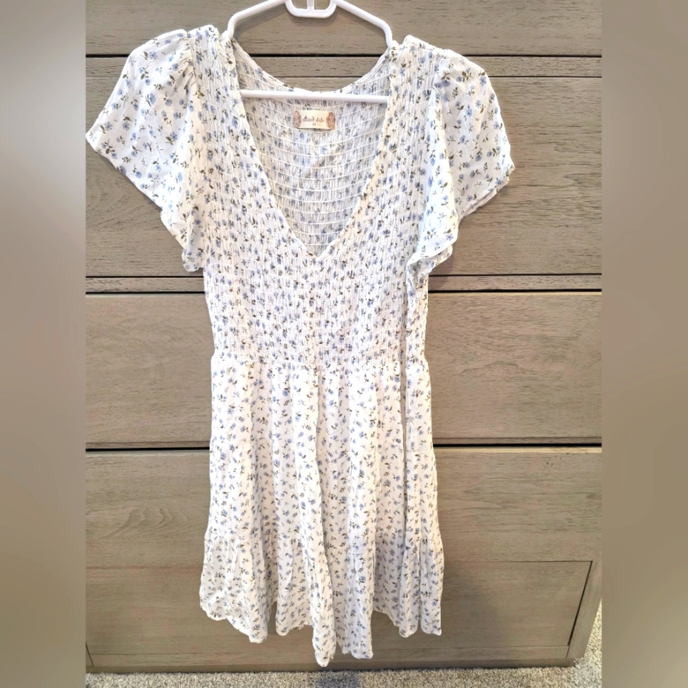 White Floral Dress with Blue Accents